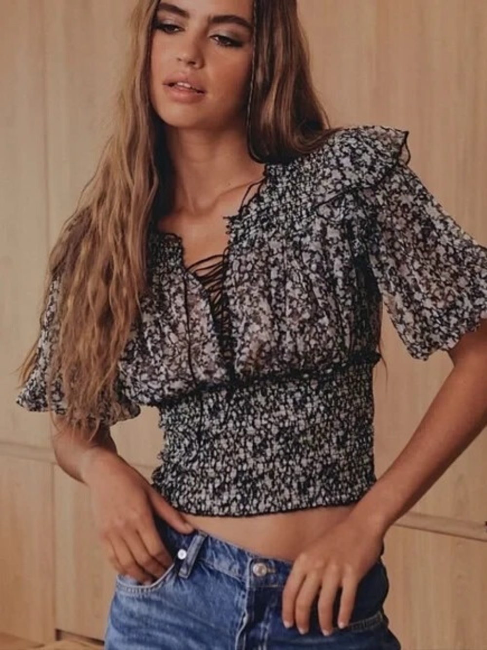 S/P Free People Beatrice Ruffle Blouse, Sheer Black Floral Smocked Waist Blouse